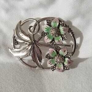 Sterling silver 925 floral enamel rhodium plated pin brooch oval leaf pink green